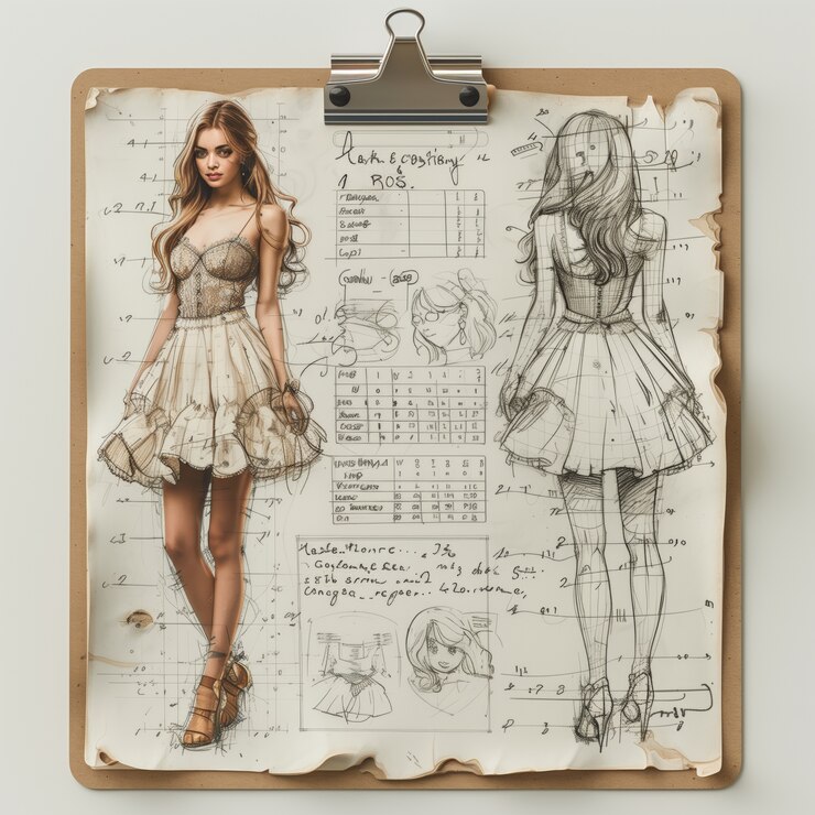 A dress sketch on a clipboard, ready to be brought to life by Giga Fashion’s expert dressmakers.